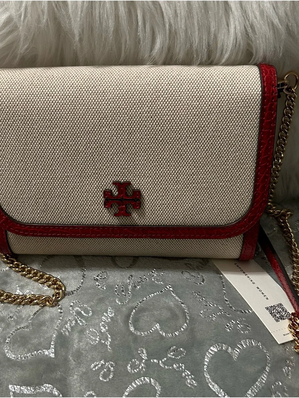 NWT Tory Burch Eleanor, Small, White/Red Convertible canvas bag w/Gold Chain